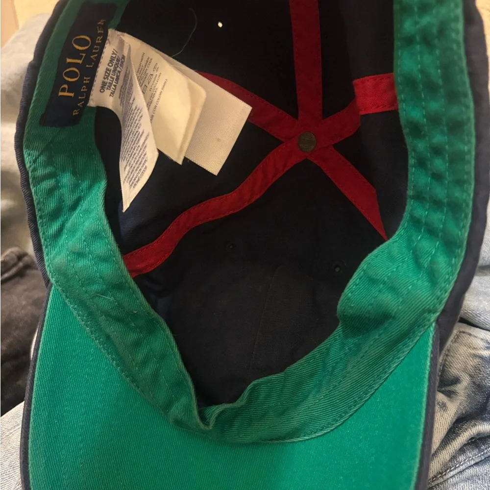 Polo Ralph Lauren Navy Crest Baseball Cap with Green & White Stripe